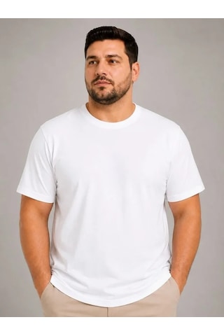 Modi Erkek Battal Big Size Basic Tişört Bisiklet Yaka Rahat Kalıp T-shirt - Beyaz Açık Beyaz