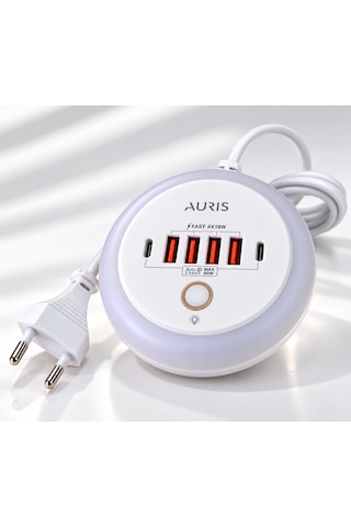 Auris Ars-ch80 40w 2x Type-c + 4x Usb Çoklu Şarj Istasyonu One Touch Işıklı Hızlı Şarj Adaptörü