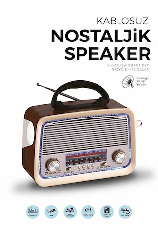 Bluetooth Nostaljik Speaker Fm/am/sw Radyo Şarj Edilebilir Aydınlatmalı Retro Hoparlör