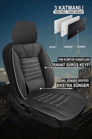 Stone Üniversal Deri Oto Koltuk Kılıfı - Bel Destekli - 5 Koltuk Tam Set Beyaz