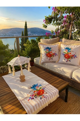 Missidea Naturel Ledsiz Dekaratif Bali Şemsiyesi Ve Vintage Çiçek Desenli Seti Ledsiz Şemsiye+runner Ve 2'li Kırlent Kılıfı Krem