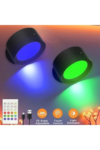Trendooze 2 Adet Gaojunshop01 Led Duvar Lambası Uzaktan Dokunmatik Kumanda 12 Renk 360 Derece Döner Usb Şarj Renkli Işık