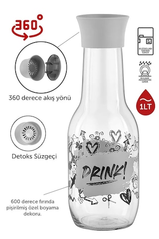 Rotanev 3 Adet Desenli Detoks Özellikli Cam Sürahi & Karaf Su Meşrubat Şişesi