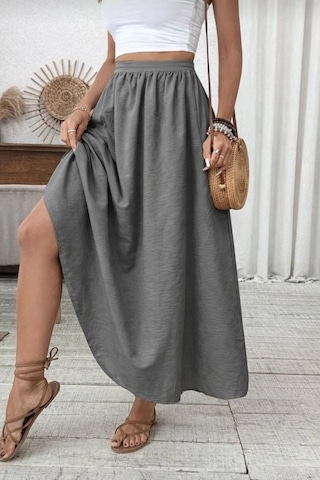 Defymoda Kadın Beli Lastikli Paraşüt Kumaş Etek Gri