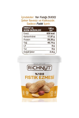 Richnut Şekersiz %100 Saf Doğal Fıstık Ezmesi 1 Kg