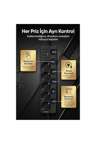 5'li Akım Korumalı Usb Çoklu Priz 2 Usb-a 2 Type-c Pd 20w Hızlı Şarj Anahtarlı Grup Priz 3680w 2 Metre 0 - 2 M