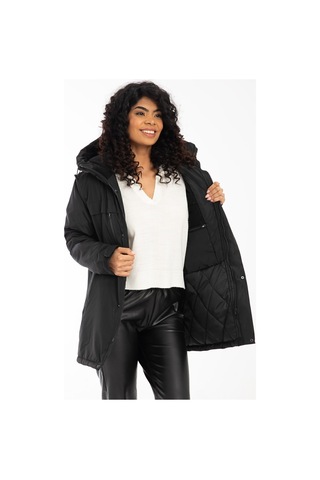Kadın Siyah Içi Polarlı Su Ve Rüzgar Geçirmez Kapüşonlu Kışlık Mont Siyah