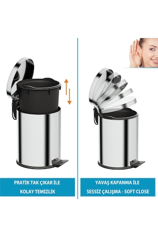 Aqua Bagno Basic Çöp Kovası - Pedallı 5 L, Parlak Krom Paslanmaz Krom