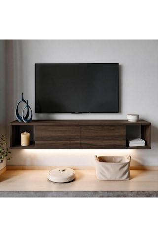 İnarch Dizayn Twist Led Işıklı Duvara Monte Tv Sehpası - 2 Kapaklı Ceviz