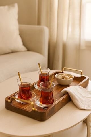 Ahşap Servis Tepsisi Altın Renk Metal Kulplu Dikdörtgen Çay Ve Kahve Sunum Tepsisi 48x18x5.8 Cm Kahverengi