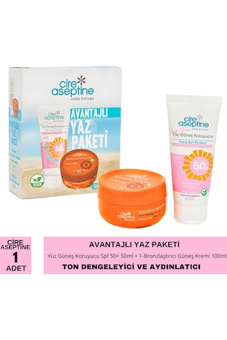 Cire Aseptine Avantajlı Yaz Paketi Yüz Güneş Koruyucu Spf 50+ Ton Dengeleyici Ve Aydınlatıcı 50ml İle Bronzlaştırıcı Güneş Kremi 100ml