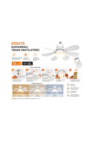 Kendal Kes473 Kumandalı Tavan Vantilatörü 3 Renk Fanlı Led E27 Duy 6 Kanatlı 52 Cm