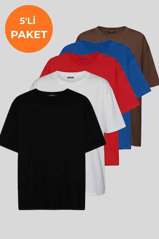 Soft&Basic Kadın 5'li Tişört Paketi %100 Organik Pamuk Oversize Fit Basic Yuvarlak Yaka T-shirt Siyah-beyaz-kırmızı-indigo-kahverengi