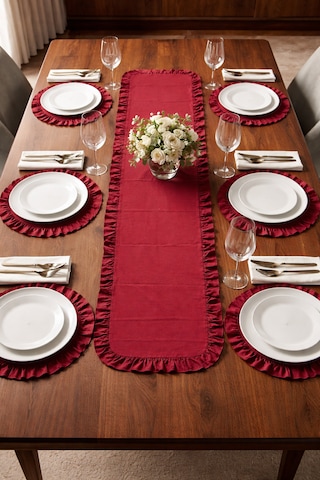 Bordo Fırfırlı Runner Ve Amerikan Servis Seti 7 Parça Şık Masa Örtüsü Takımı 120x40 Cm Bordo