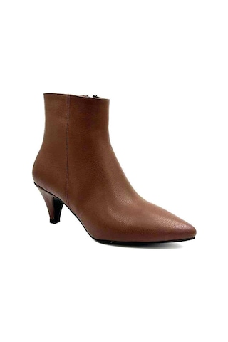 Beyaz Pine Cone İnce Topuklu Sivri Burun Fermuarlı Günlük Kadın Kısa Çizme Kahve Kahve