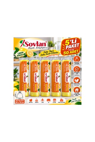 Limon Kokulu Büzgülü Çöp Torbası Büyük Boy 65x70 Cm 5'li Paket 50 Adet