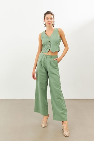Stella Pulvis Yeşil Keten Yüksek Bel Wide Leg Pantolon Haki
