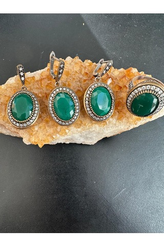 Otantik Yeşim Ve Zirkon Taşlı Gümüş Set Takım 925 Ayar