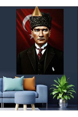Kırmızı Bayrakve Mustafa Kemal Atatürk Dekoratif Kanvas - Mdf Ahşap Tablo