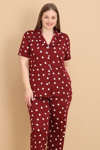 Wordex Mirano 2853 Minik Kalpli Milan Kumaş Kısa Kollu Düğmeli Büyük Beden Kadın Pijama Takımı Bordo