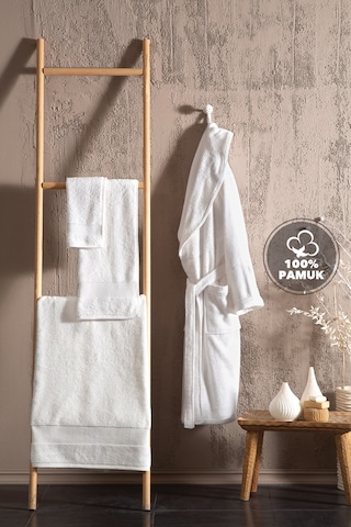 Essentials Yüksek Su Emici %100 Pamuk Penye Dokulu Bornoz Ekru