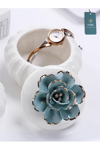 Flowers Kapaklı Çiçekli Dekoratif Seramik Saklama Kutusu / Takı Kutusu