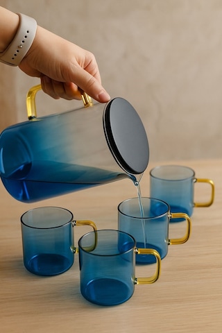 Qerhome Borosilikat Cam Sürahi Takımı 4 Bardaklı Bluora Bardaklı Sürahi 2100 Ml & 300 Ml