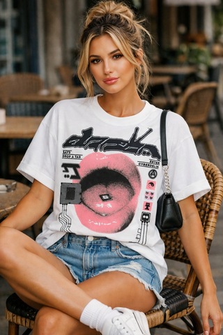 Yolo Street Cyberpunk Dudak Baskılı Oversize Tişört %100 Pamuk Streetwear Unisex Beyaz T-shirt Beyaz