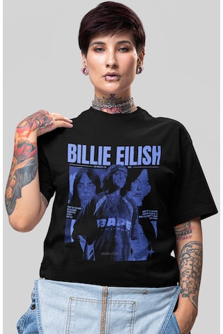 Sevbano Billie Eilish Şarkıcı Baskılı Unisex Oversize Tişört Siyah