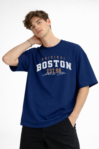 Misa Tahtakale Boston - Baskılı Oversize Tişört Lacıvert Çok Renkli