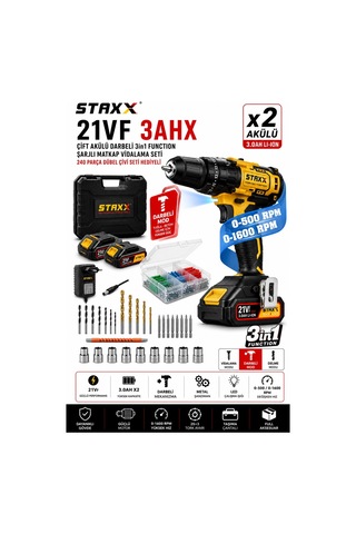 Staxx X2akülü Darbeli Şarjlı Matkap Vidalama 3in1 Function Metal Şanzıman 240 Parça Dübel Çantalı