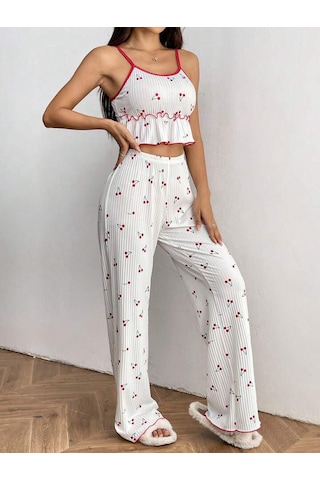 Gazaniga Kadın Beyaz Likralı Desenli Askılı Gecelik Pijama Takımı Chery