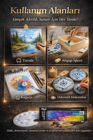 Premium Akrilik Boya Seti 12 Li Mastermix + 5 Li Fırça + Palet Profesyonel Resim Başlangıç Seti Çok Renkli