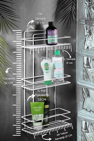 3 Katlı Beyaz Yapışkanlı Banyo Rafı, Şampuanlık Duş Düzenleyici, Paslanmaz Metal Banyo Duvar Askısı - TŞ-03
