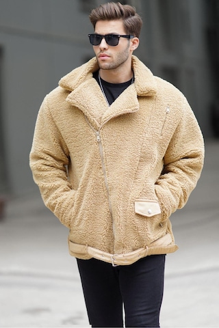 Madmext Camel Peluş Biker Erkek Ceket 6849-camel Camel