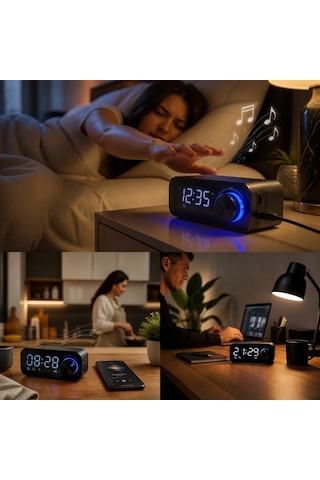 Upway Led Işıklı Dijital Masa Saati Bluetooth Hoparlör Sd Kart Çift Alarm Siyah