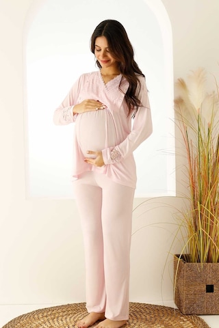 Premium Kutulu Emzirme Bölmeli Dantelli Hamile Lohusa Pijama Takımı Açık Pembe