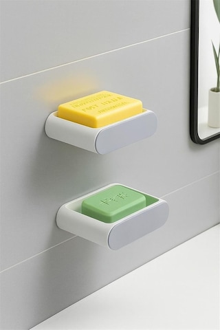 Yapışkanlı Banyo Mutfak Sabunluk Süngerlik Seti, Beyaz, 2&apos Li Set, Duvara Monte, 14.5x9.7x4 Cm 000 Açık Krem