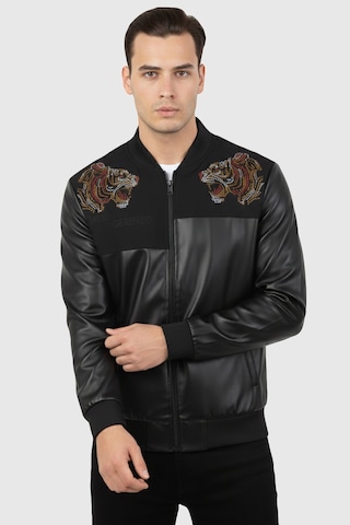 Rizzup Siyah Kaplan Taş Detaylı Slim Fit Likralı Kolej Yaka Erkek Suni Deri Ceket 2600927
