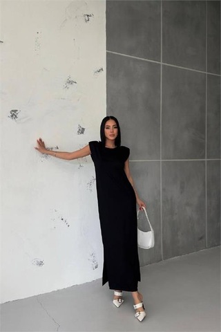 Neşeli Butik Kadın Vatkalı Yırtmaç Detaylı Modal Elbise Nbg010 Siyah