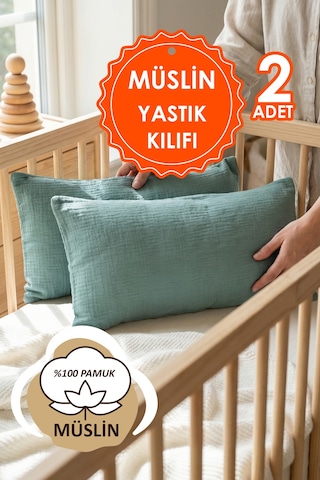 Çift Katlı Müslin Çocuk Yastık Kılıfı %100 Pamuk 35x45 cm 2’li Bebek Çocuk Kılıf Seti Yeşil