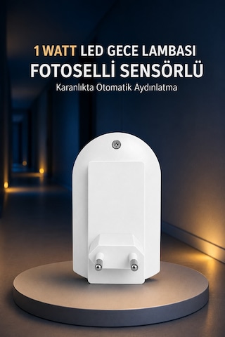 1 Watt Fotoselli Sensörlü Led Gece Lambası Otomatik Yanan Koridor Yatak Çocuk Odası Aydınlatma Beyaz