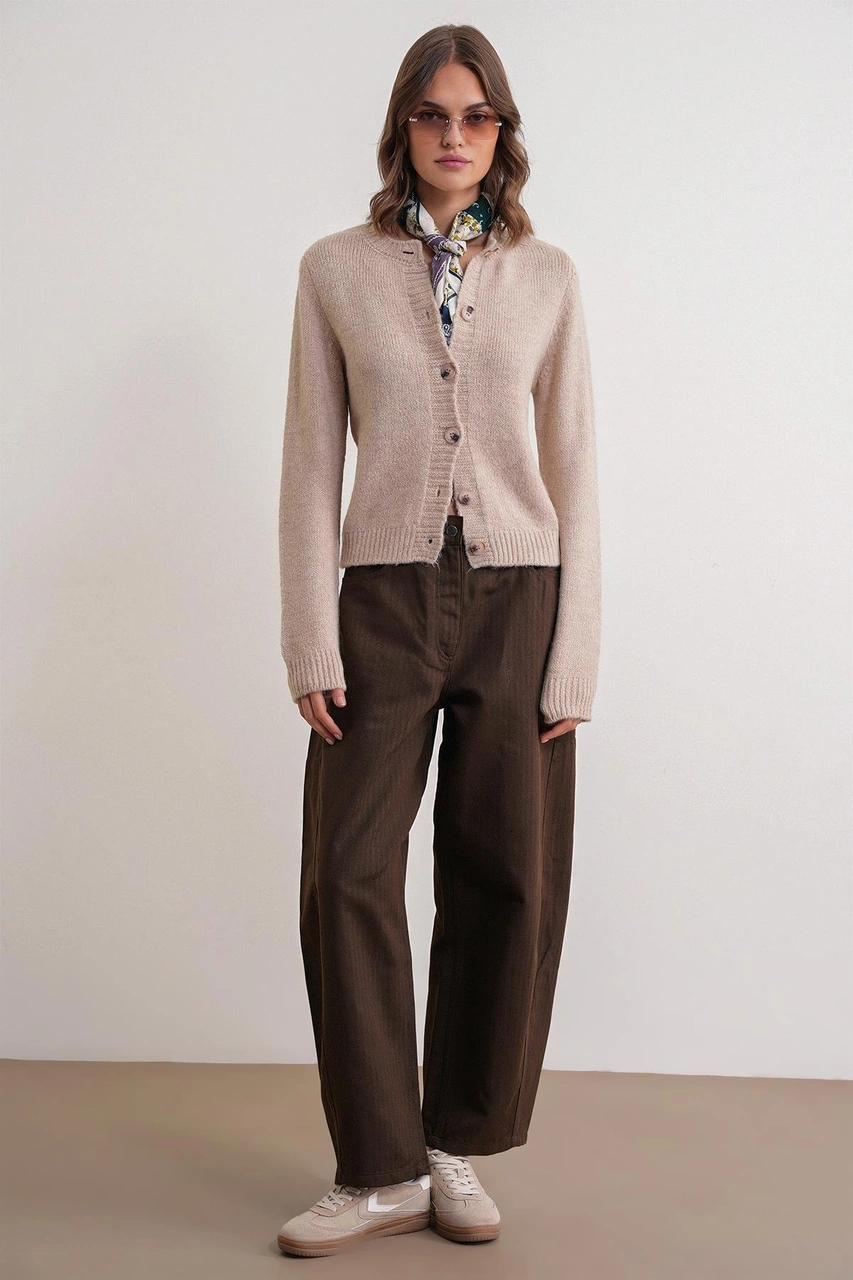 6951 Kadın Bisiklet Yaka Düğmeli Triko Kısa Hırka Bej Bej