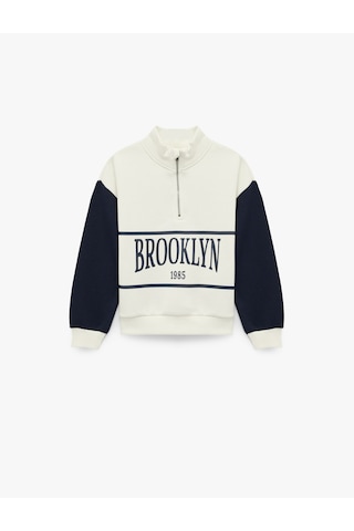 Koton Yarım Fermuarlı Baskılı Uzun Kollu Dik Yaka Sweatshirt Ekru 6wkg10087ak Ekru