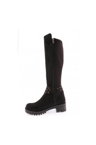 Dgn 607 Kadın Bilek Tokalı Zincir Detaylı Arkası Stretch Knee High Flats Çizme Siyah Süet