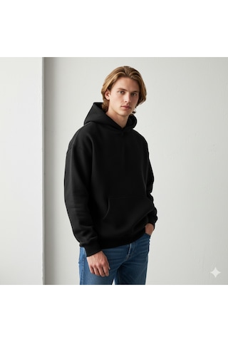 Maki Home Makiteks Siyah Pamuklu Unisex Cepli Kapüşonlu Rahat Kesim Gülen Yüz Baskılı Sweatshirt SiYAH