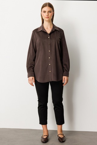 Ekol Kadın Büyük Beden İnce Fitilli Kadife Gömlek 3545 Kahverengi Kahverengi