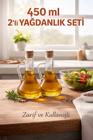 450 Ml 2 Li Cam Yağdanlık Seti Mantar Kapaklı Şeffaf Sirkelik Zeytinyağı Şişesi Ergonomik Tasarım Şeffaf