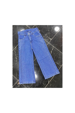 Erdem Kıds Kız Çocuk Jean Pantolon Palazzo Geniş Bol Paça Taş Detaylı Kot Pantolon Mavi Mavi