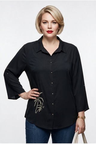 Alzeta Kadın Büyük Beden Klasik Yaka İşlemeli Uzun Kollu Pamuk Karışımlı Gömlek Siyah